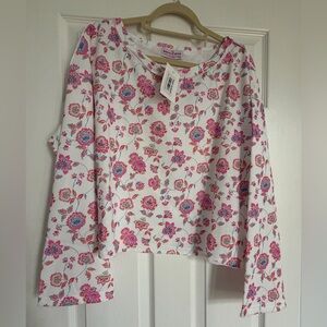 Private Label White Floral Long-Sleeve Cropped Sweatshirt - Pink & Blue Flowers